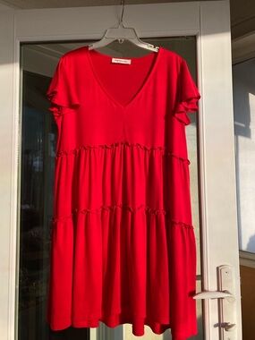 Impressions RED Tiered Babydoll Dress V Neck Ruffle Short Sleeve L